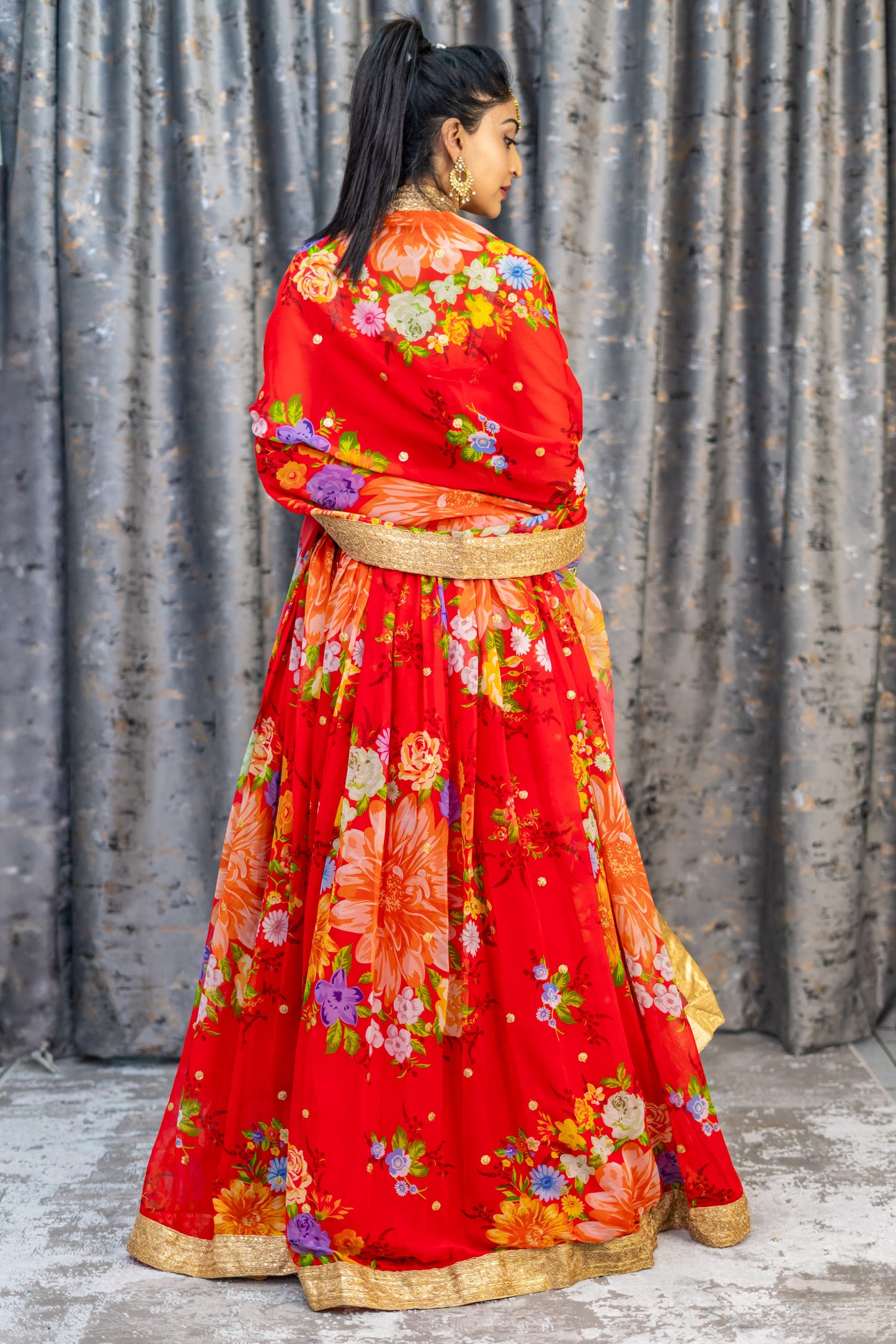 Red Floral Organza Unstitched Lehenga Set