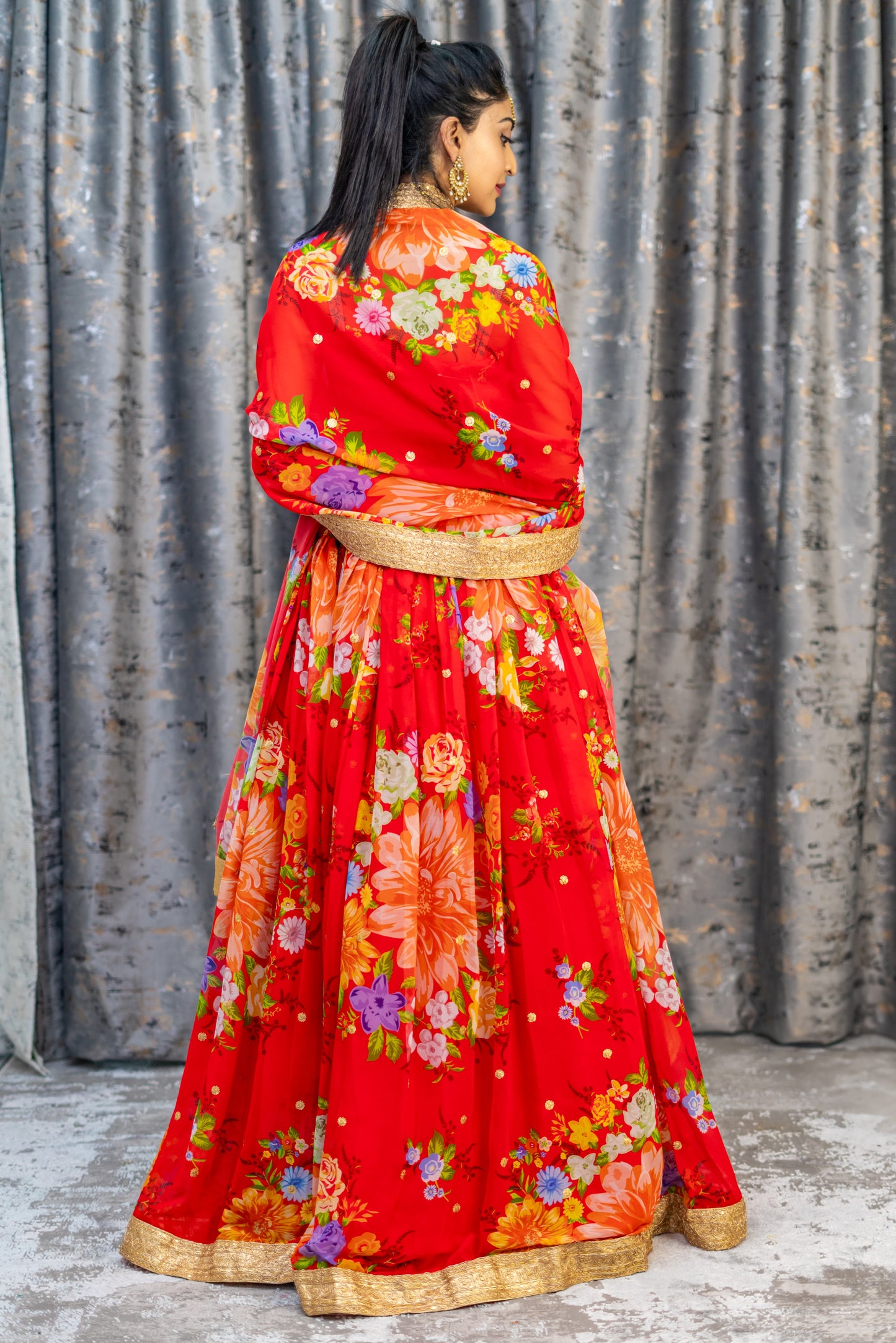 Red Floral Organza Unstitched Lehenga Set