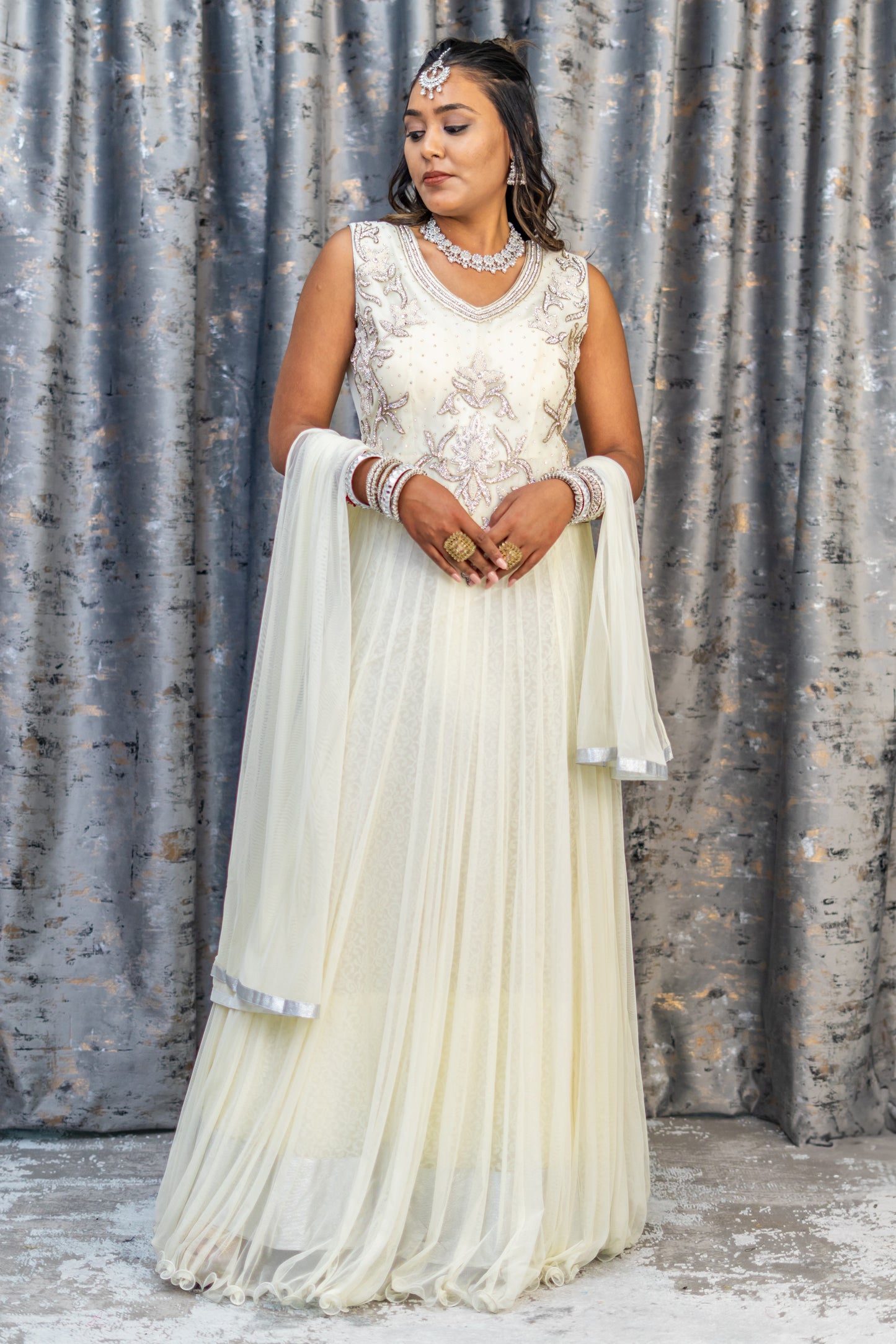 White Net Punjabi Set with Swarovski Stone Work