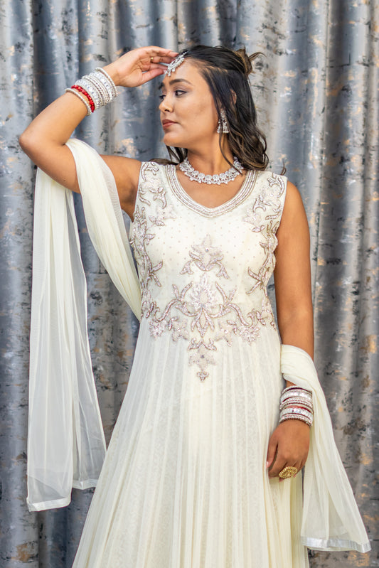 White Net Punjabi Set with Swarovski Stone Work
