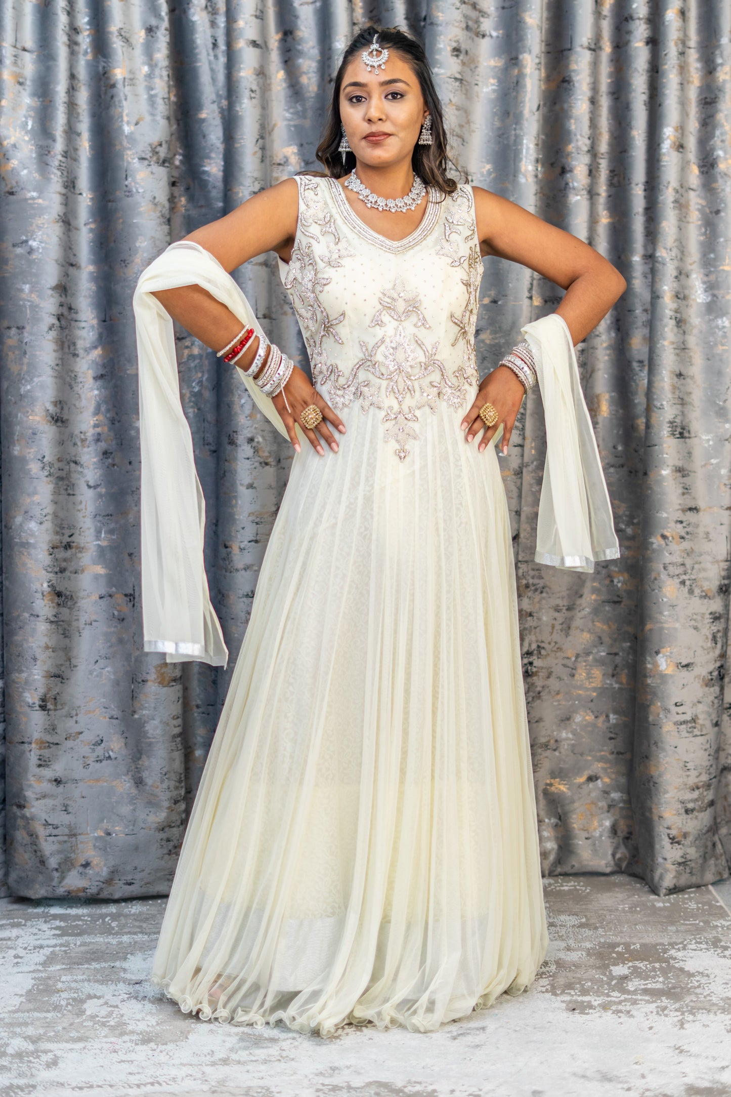 White Net Punjabi Set with Swarovski Stone Work