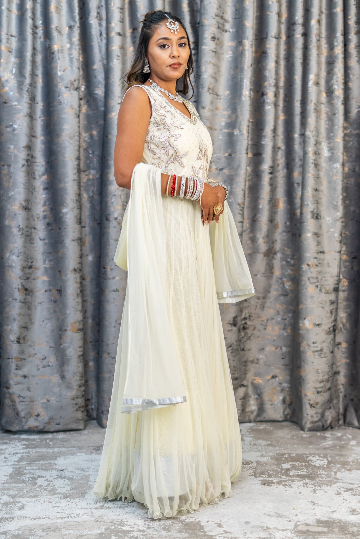 White Net Punjabi Set with Swarovski Stone Work