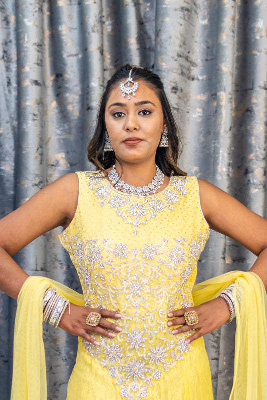 Yellow Net Punjabi Set with Swarovski Stone Work