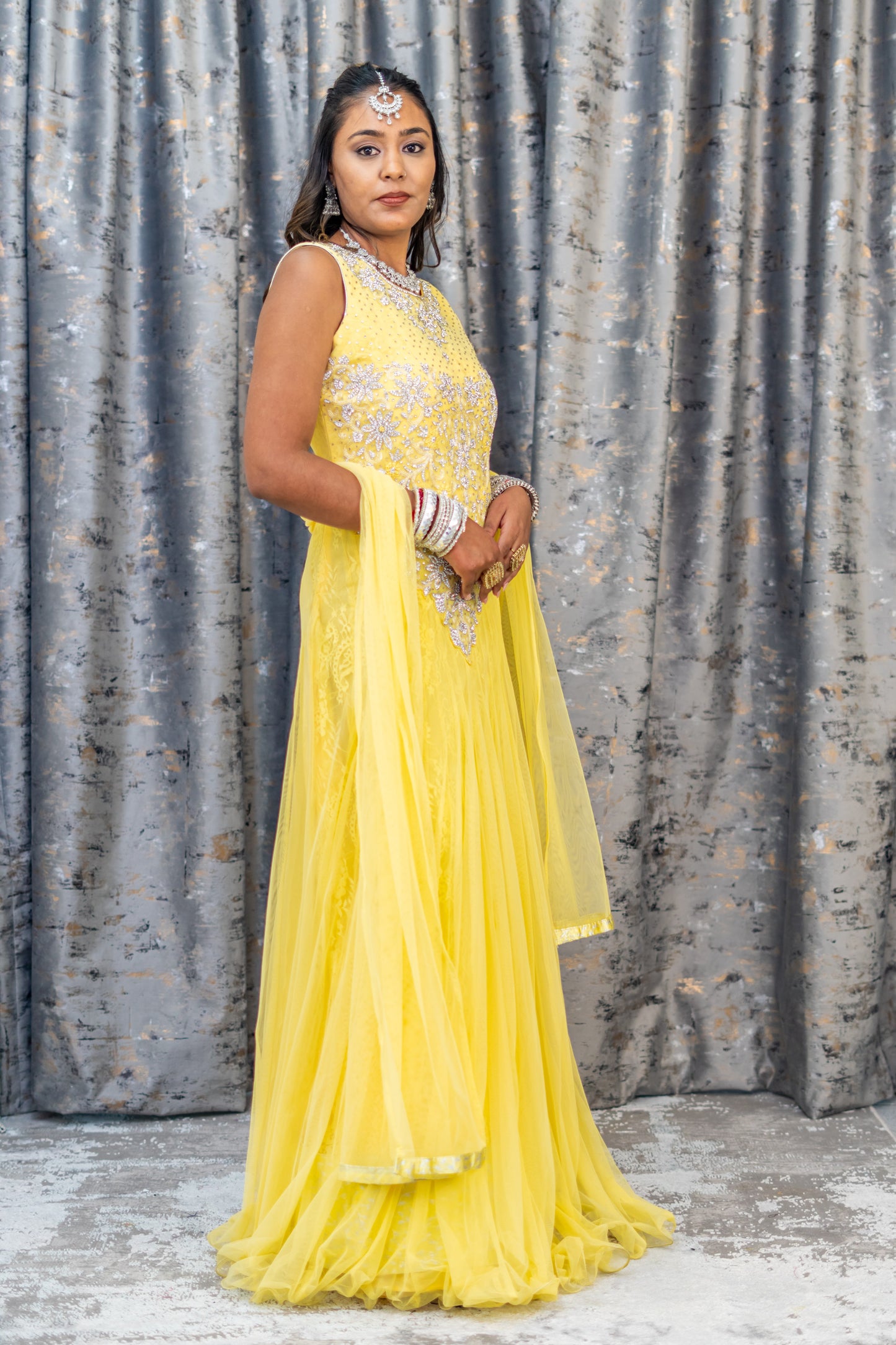 Yellow Net Punjabi Set with Swarovski Stone Work