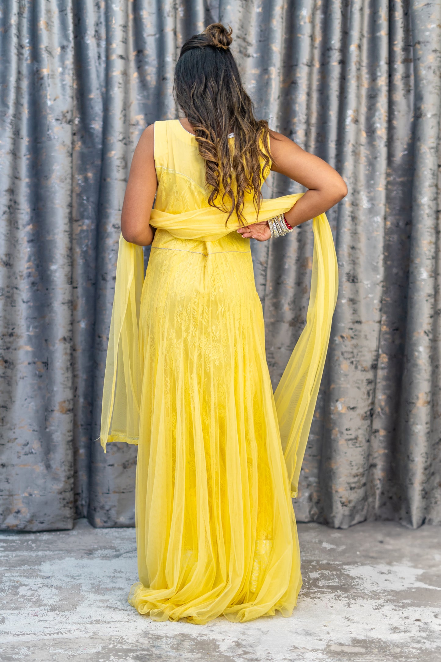 Yellow Net Punjabi Set with Swarovski Stone Work