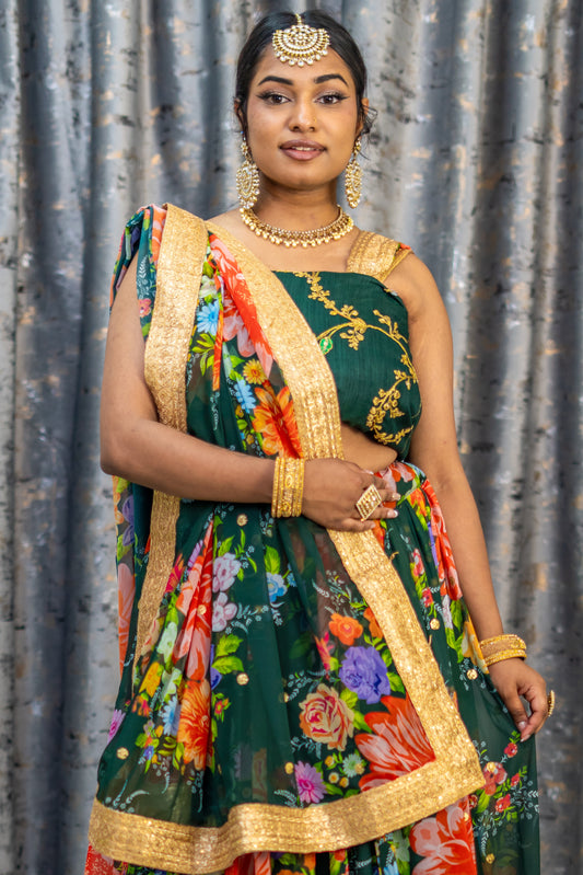 Green Floral Organza Unstitched Lehenga Set