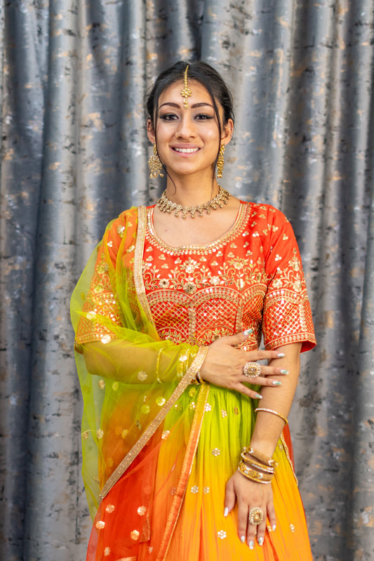 Ombre Greenn & Orange Lehenga Set