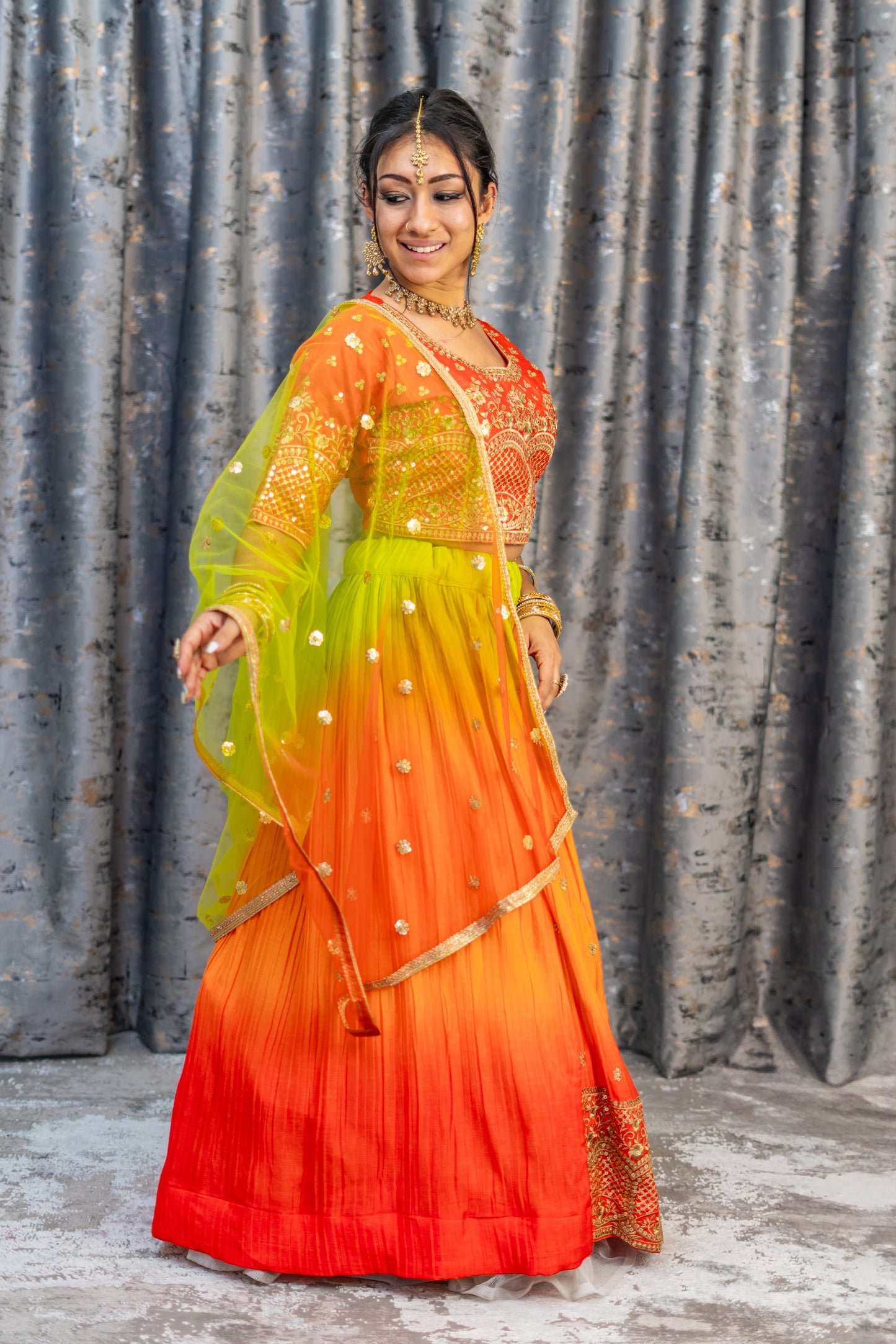 Ombre Greenn & Orange Lehenga Set