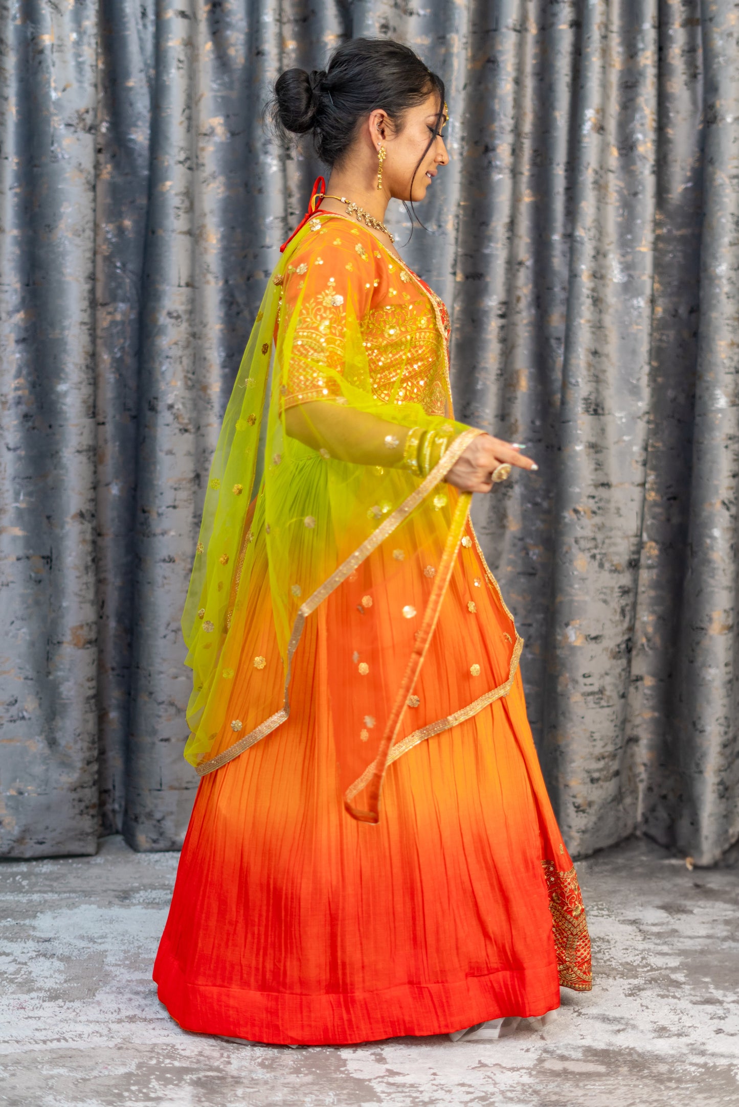 Ombre Greenn & Orange Lehenga Set