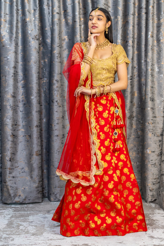 Red Brocade Lehenga Set