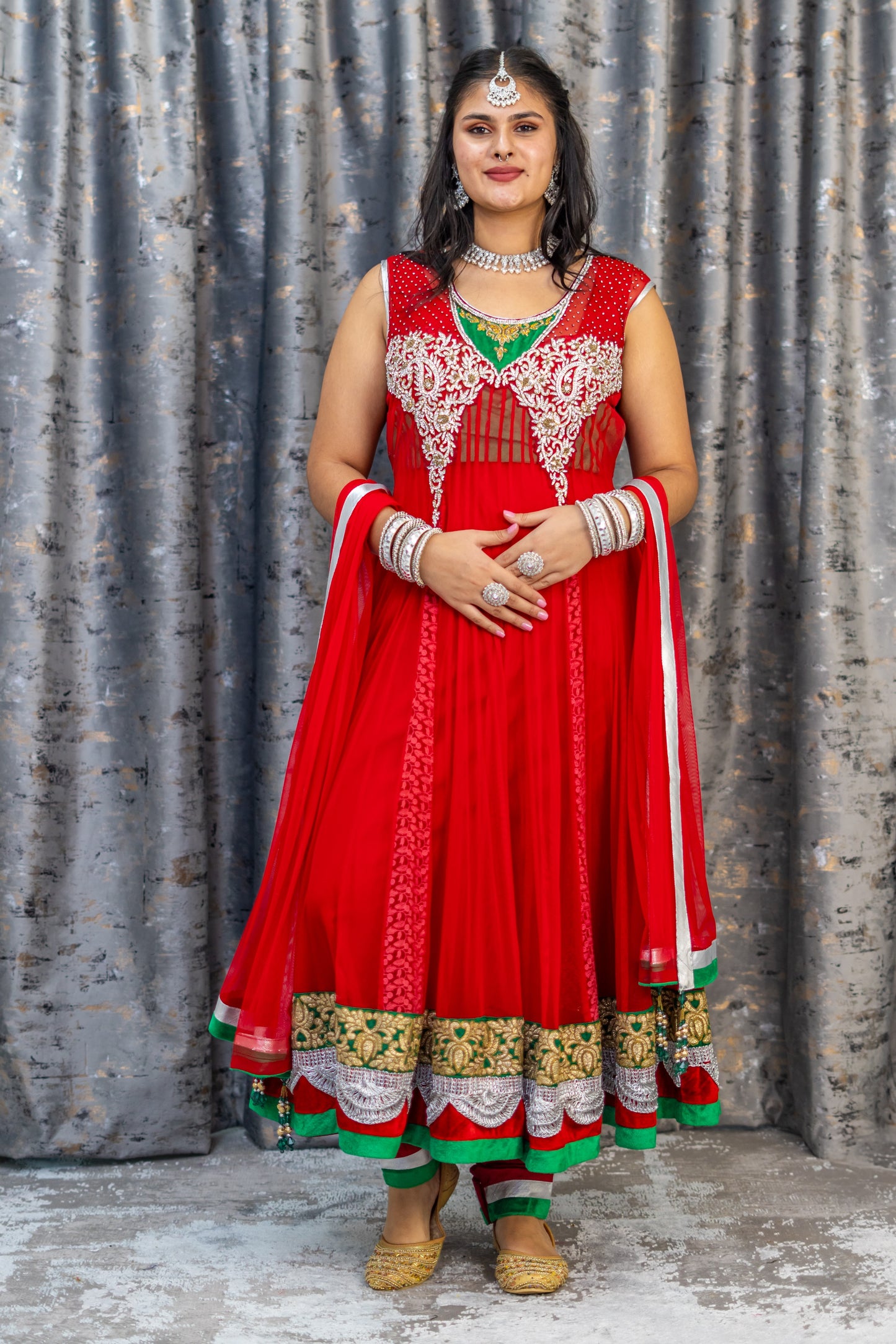 Red Net Punjabi Set With Swarovski Stone Work