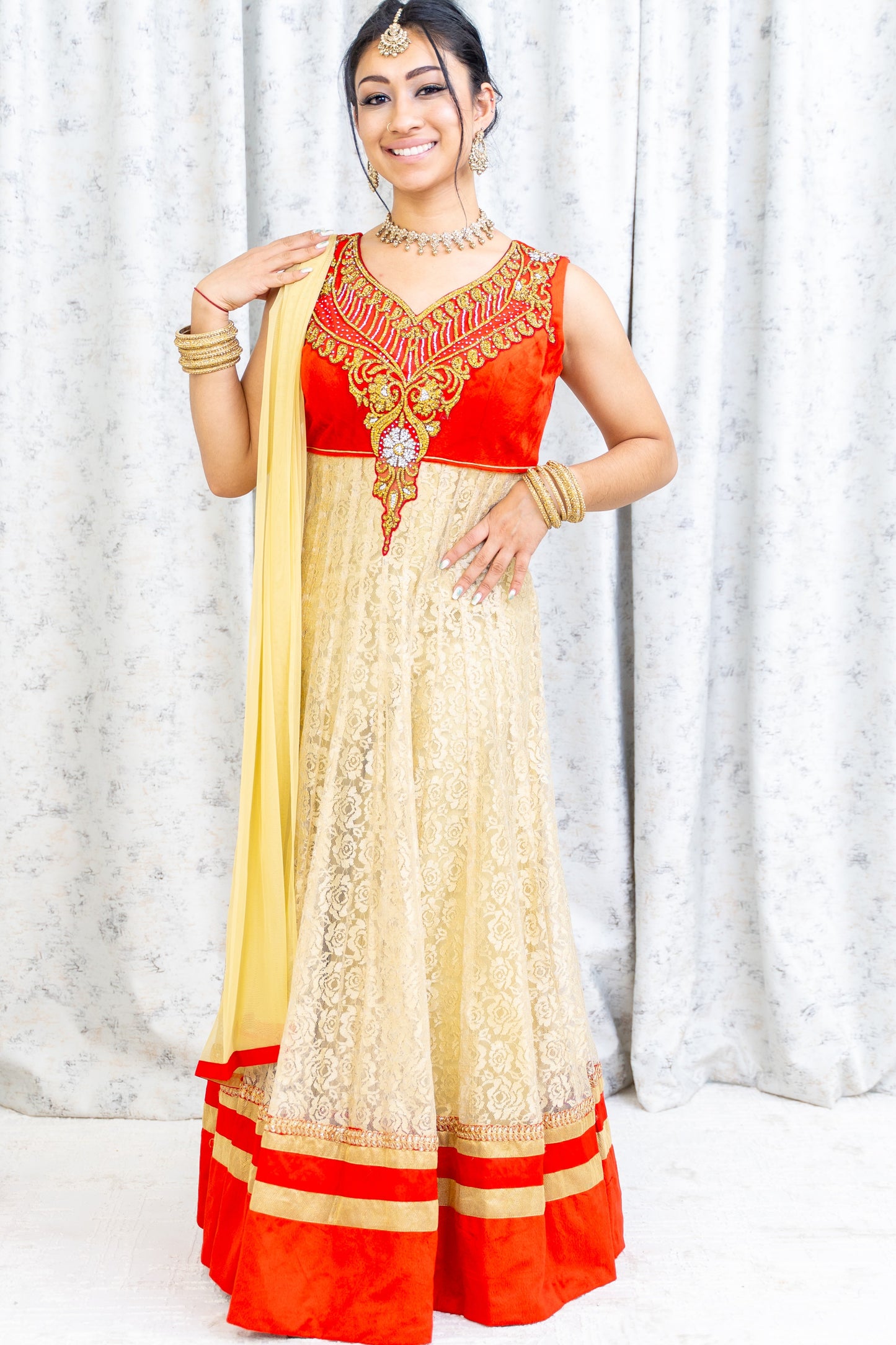 Cream Net Punjabi Set with Gold Swarovski Stone Work