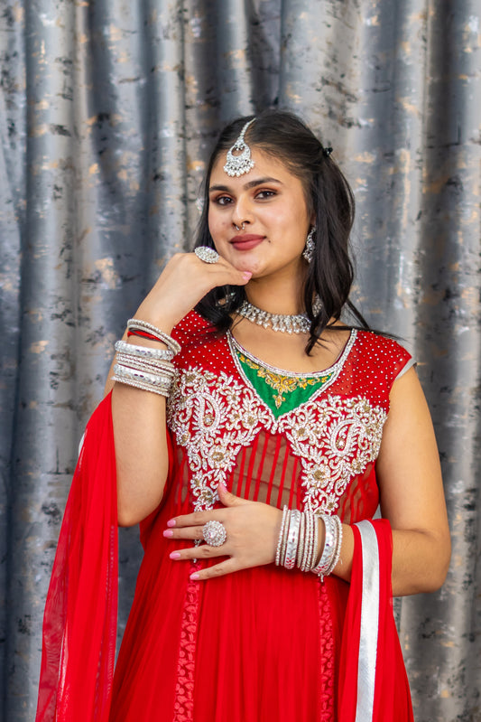 Red Net Punjabi Set With Swarovski Stone Work