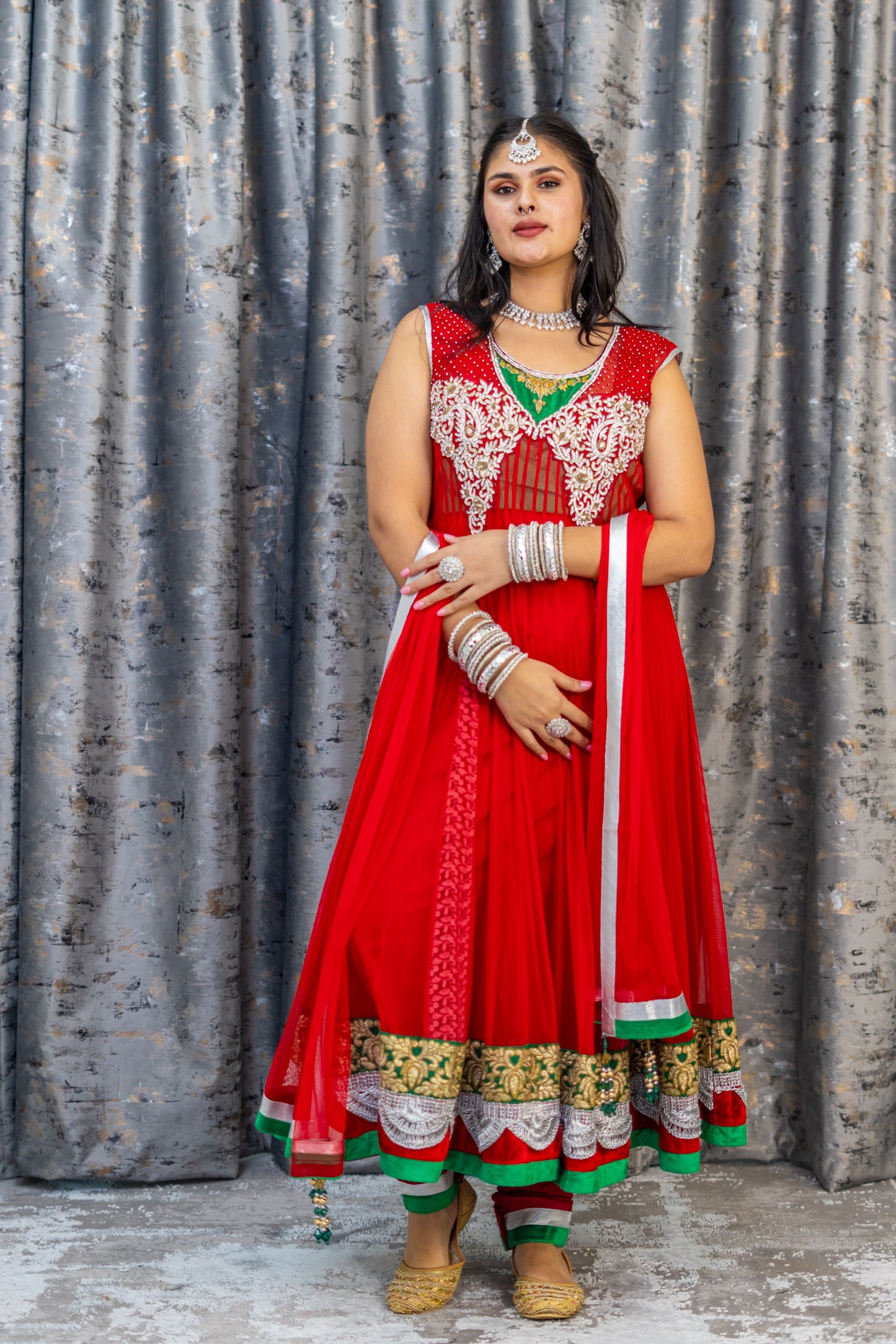 Red Net Punjabi Set With Swarovski Stone Work