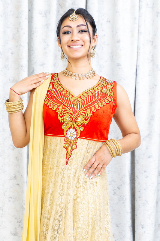 Cream Net Punjabi Set with Gold Swarovski Stone Work