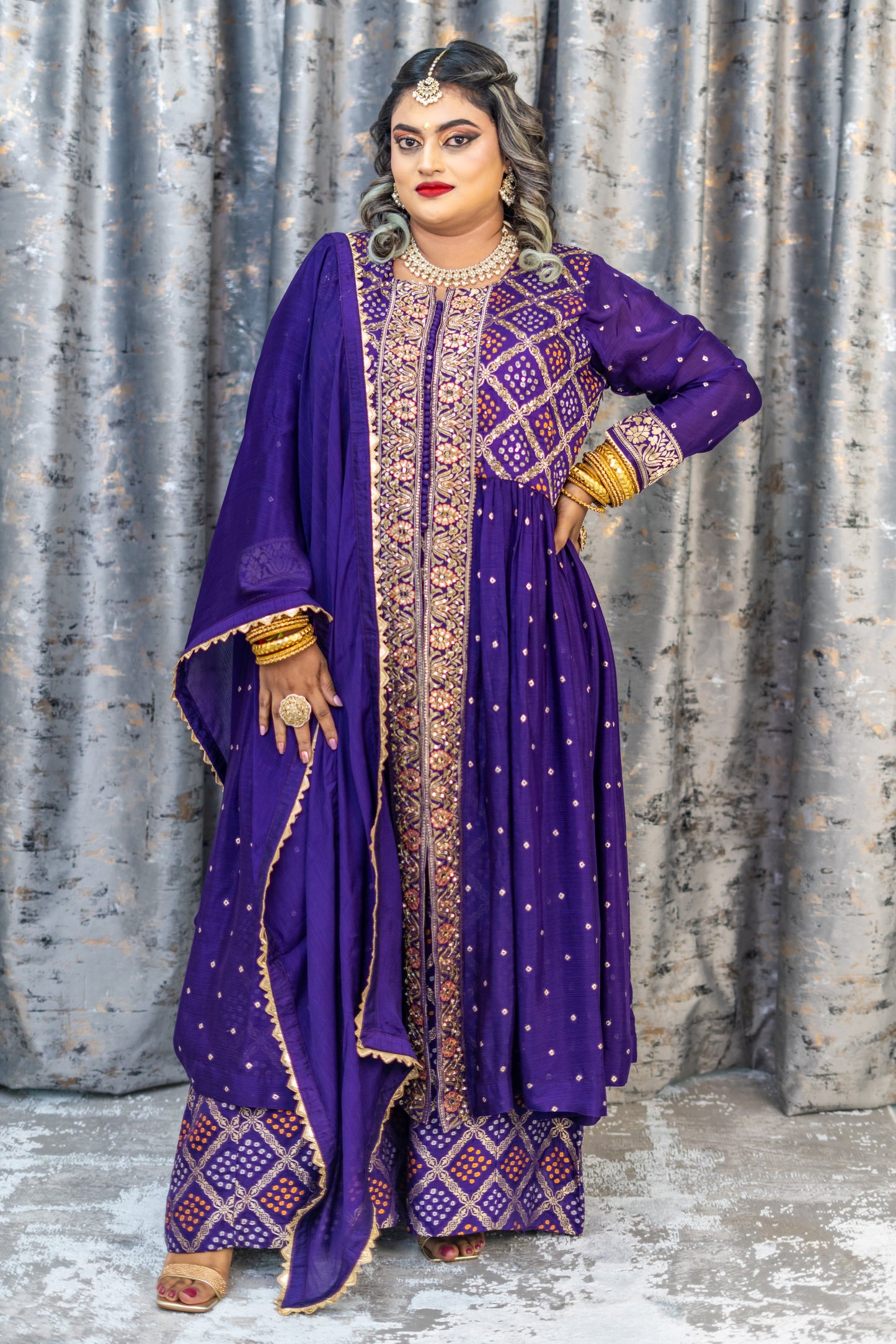 Purple Bandhani Punjabi Set with Zari Work
