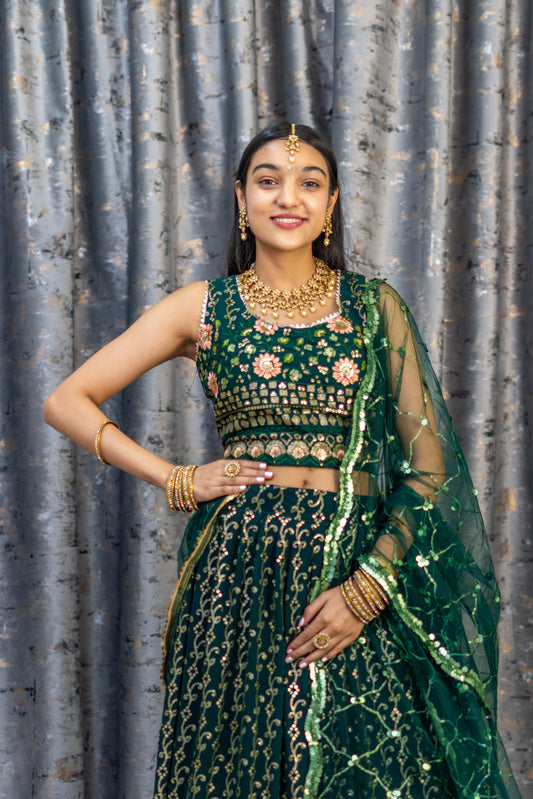 Green Chiffon Lehenga with Floral Embroidery