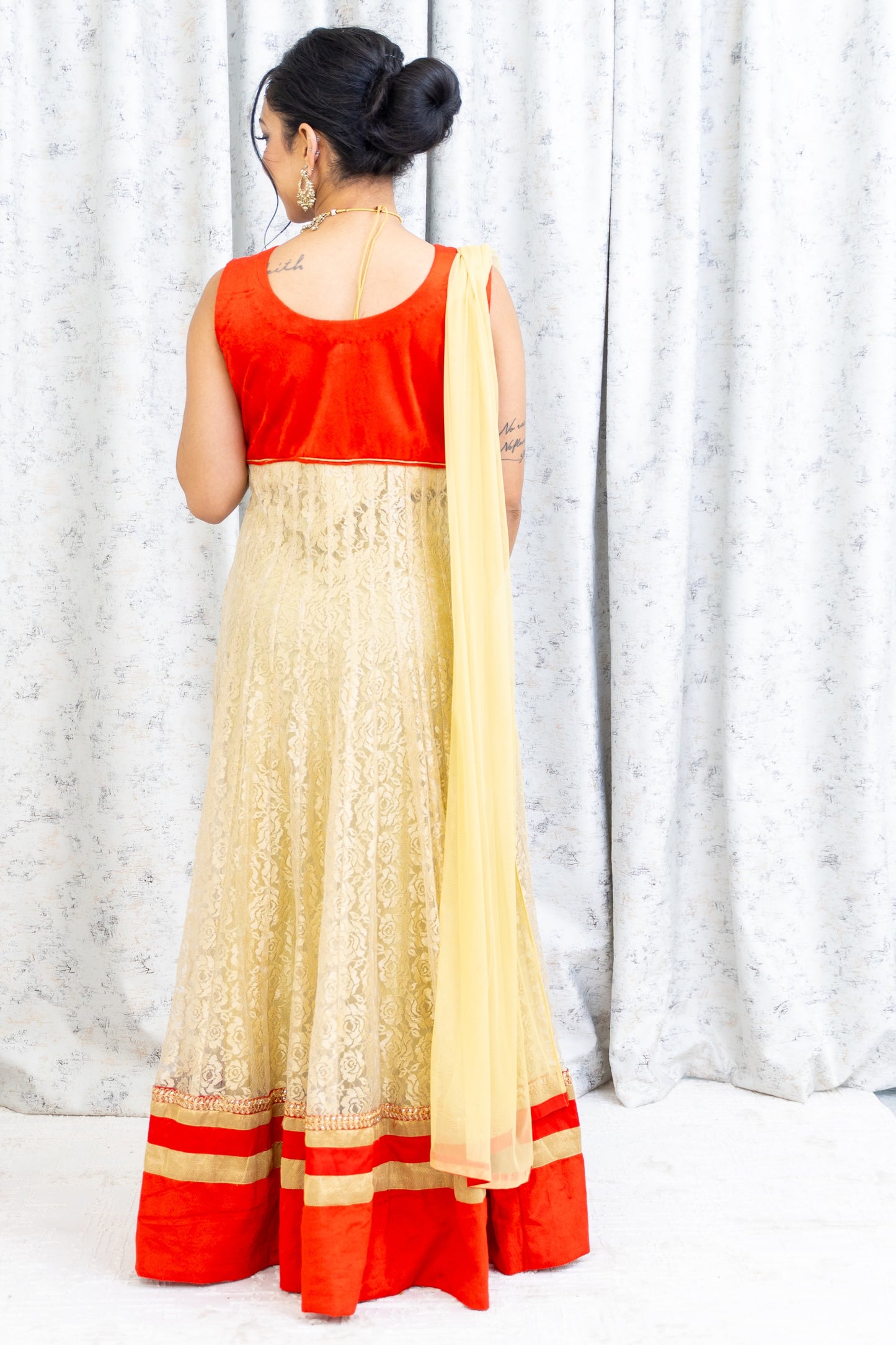 Cream Net Punjabi Set with Gold Swarovski Stone Work