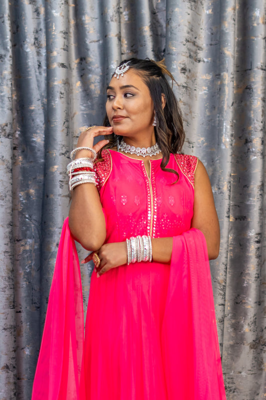 Pink Net Punjabi With Ablah Work