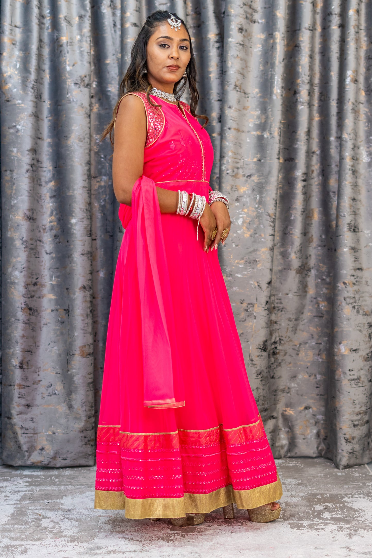 Pink Net Punjabi With Ablah Work