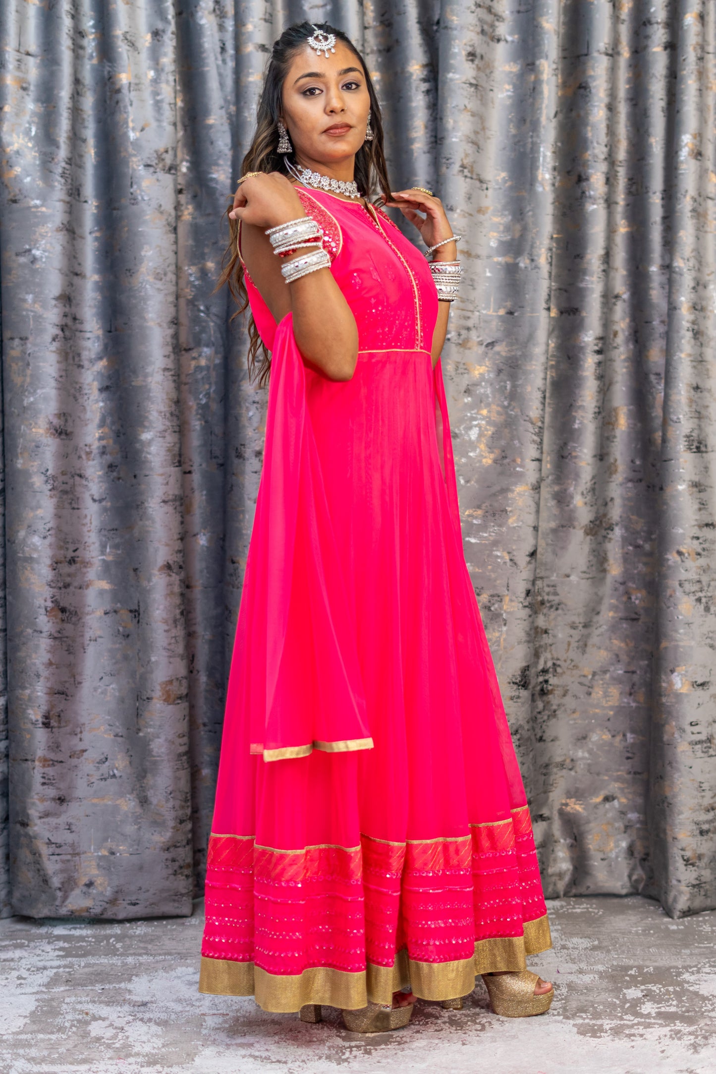Pink Net Punjabi With Ablah Work