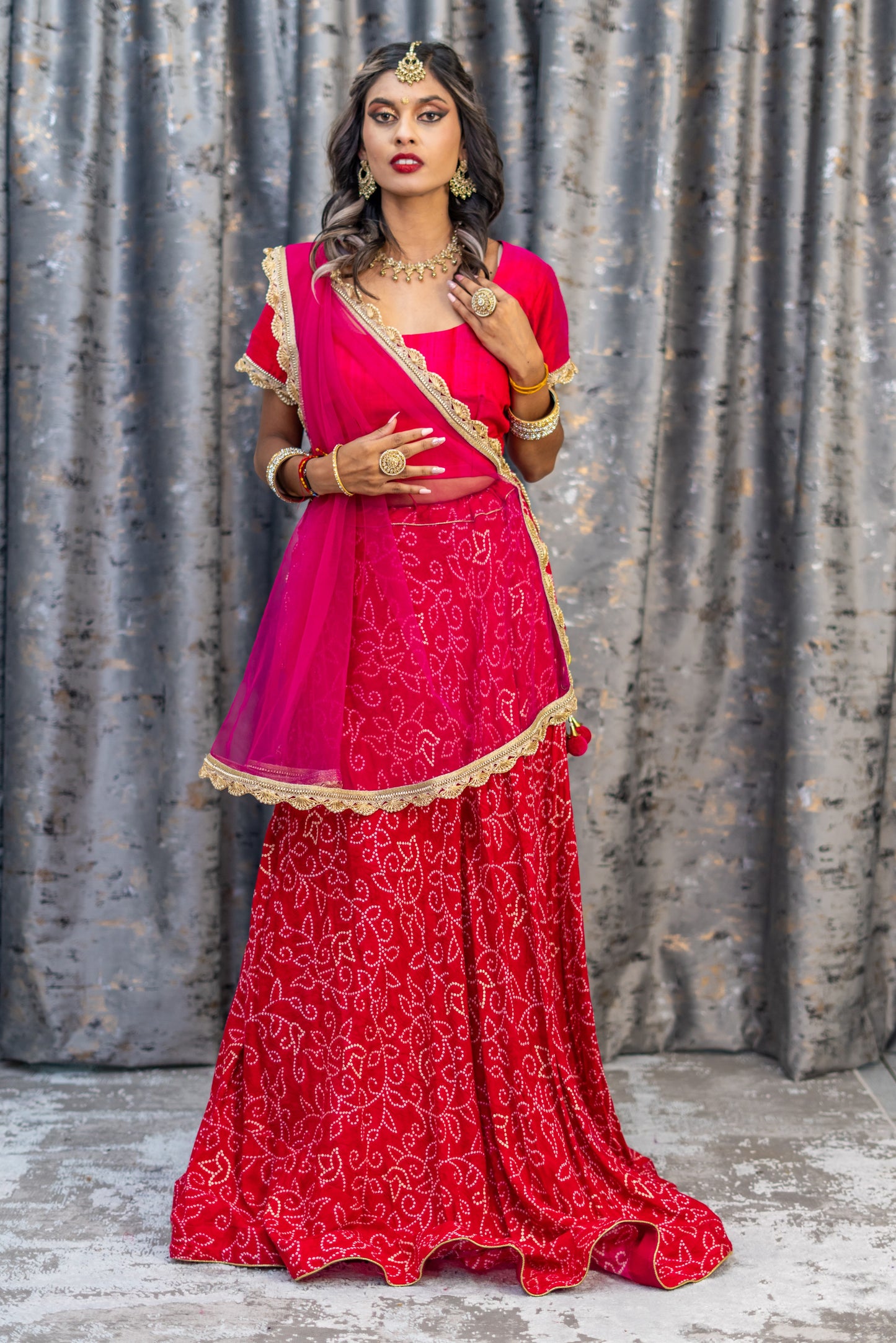 Pink Chiffon Bandhani Printed Lehenga Set