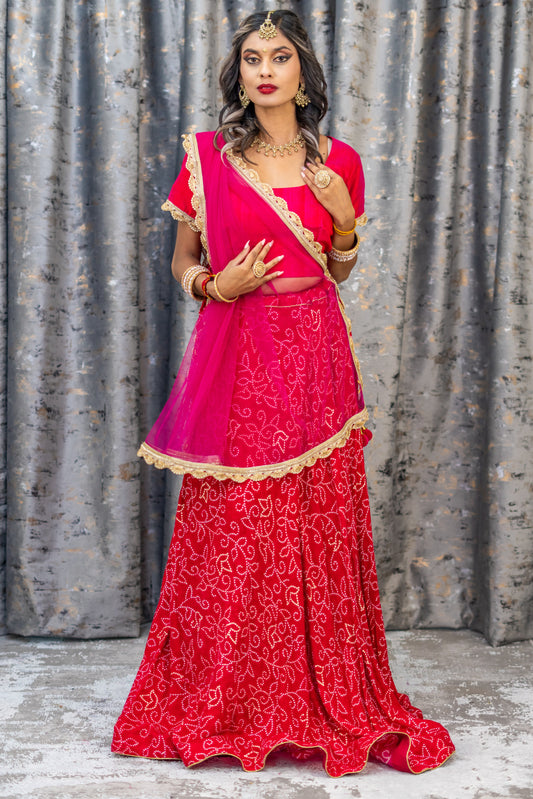 Pink Chiffon Bandhani Printed Lehenga Set