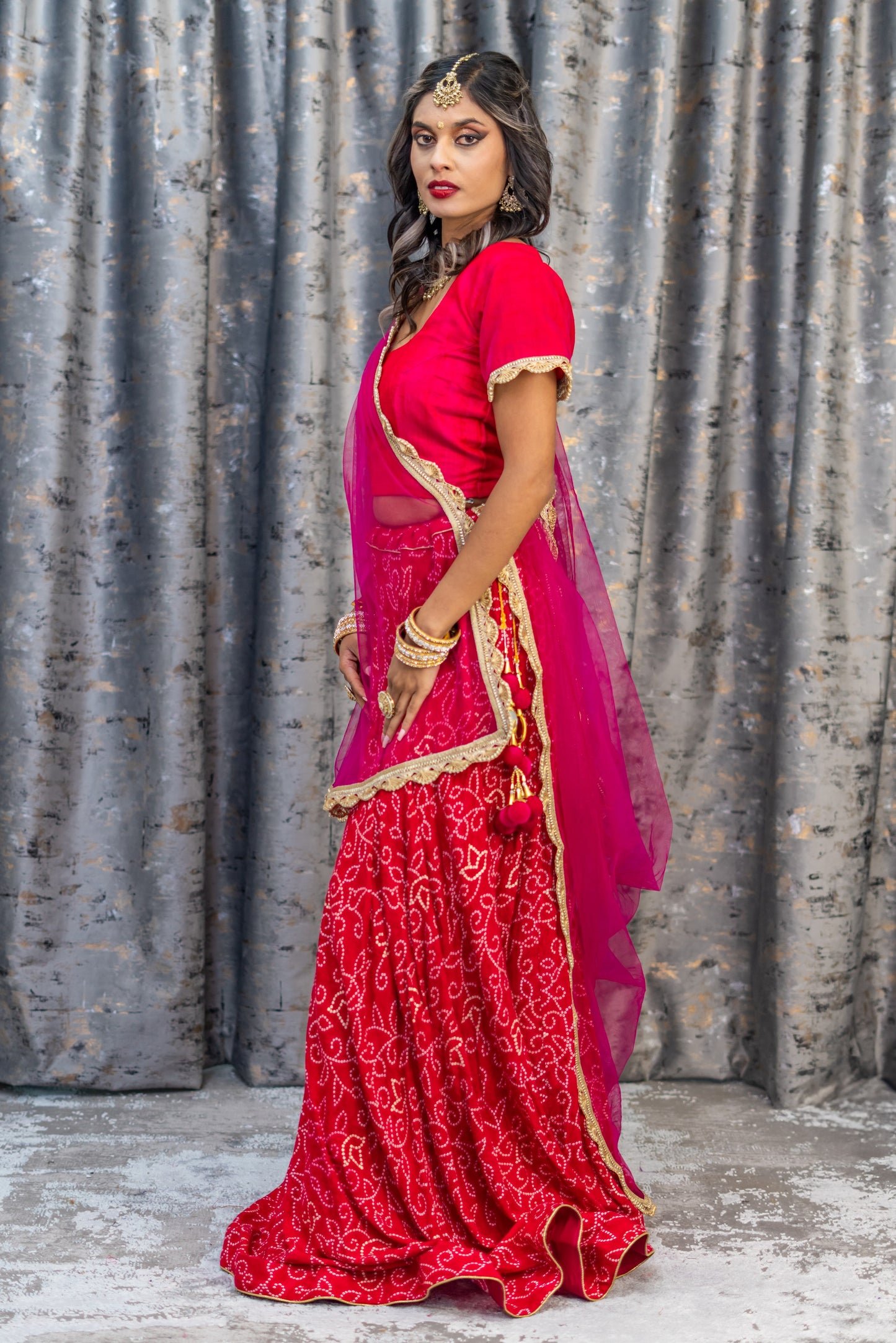 Pink Chiffon Bandhani Printed Lehenga Set