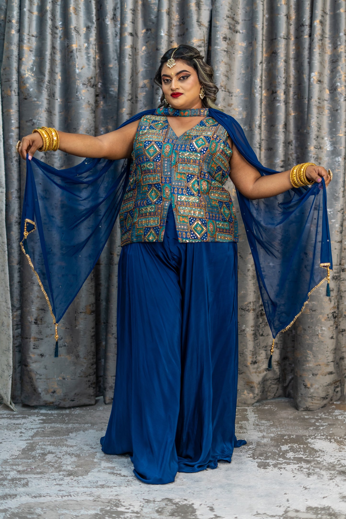 Royal Blue Brocade & Chinon Silk Punjabi Set