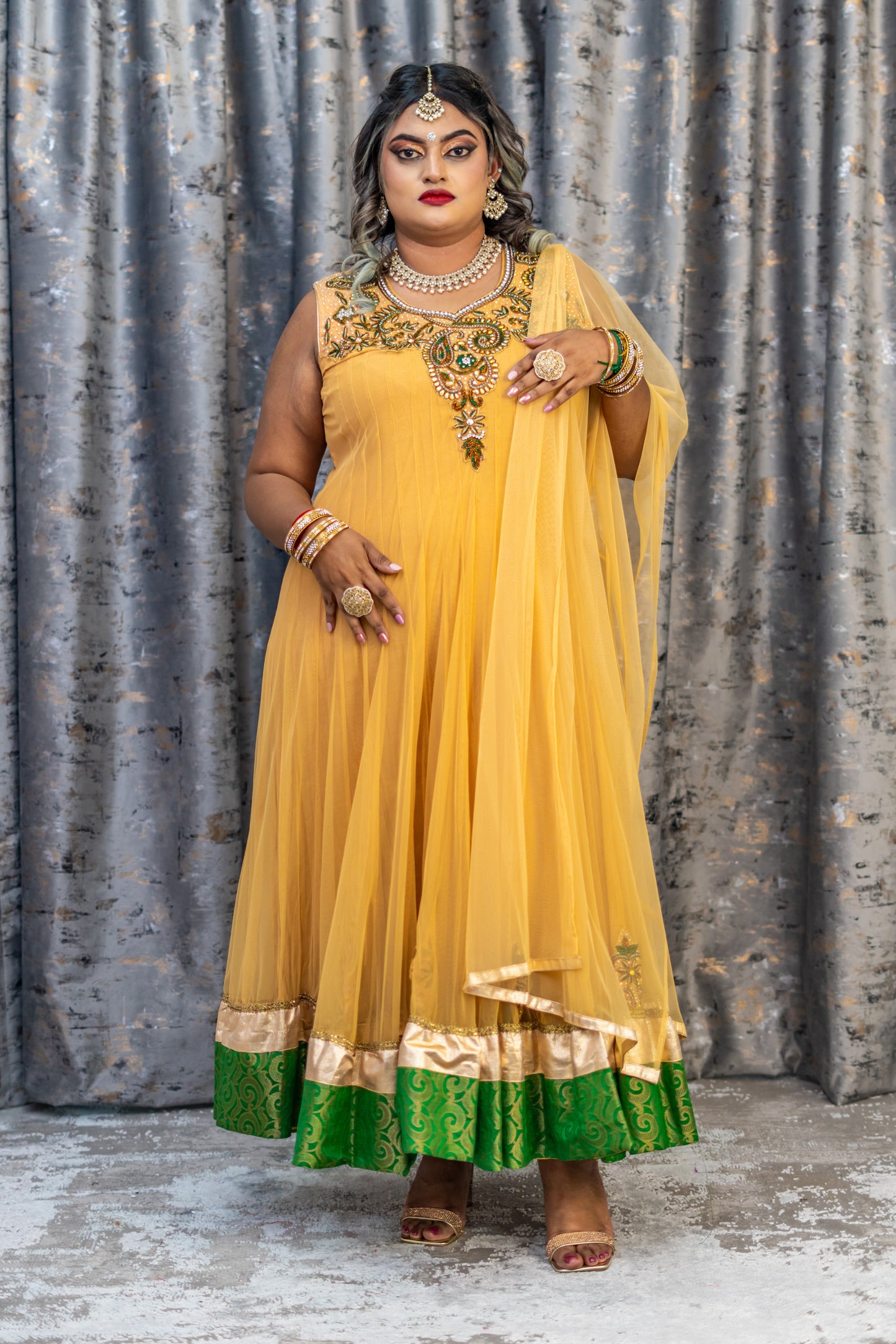 Beige Net Punjabi Set with Swarovski Stone Work