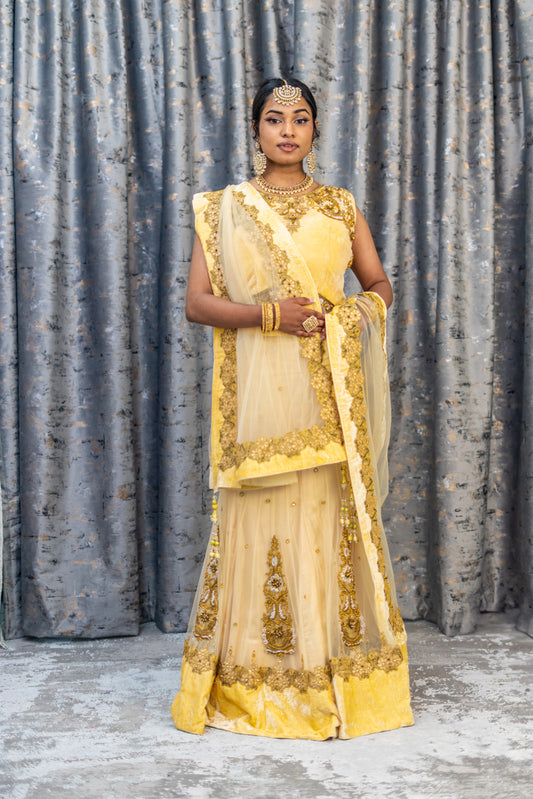 Cream with Gold Net Lehenga Set wit Swarovski Stone Work