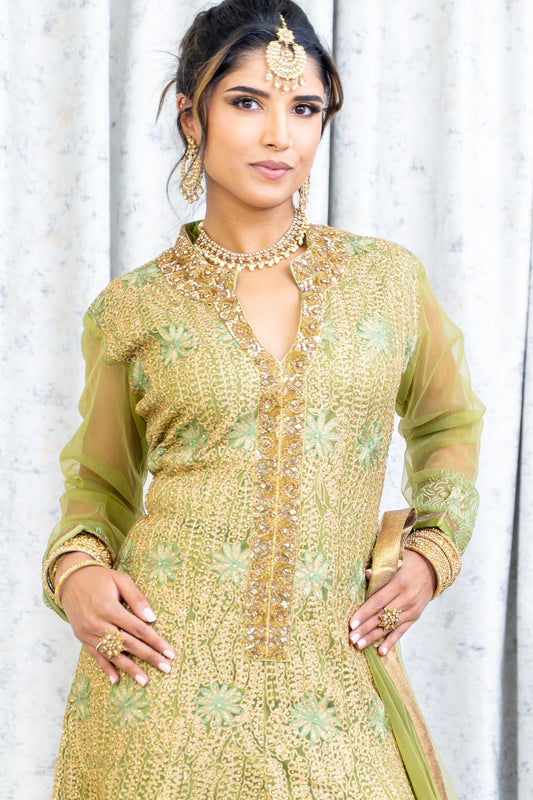 Green Ombre Embroidery Punjabi Set