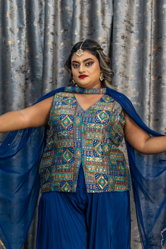 Royal Blue Brocade & Chinon Silk Punjabi Set