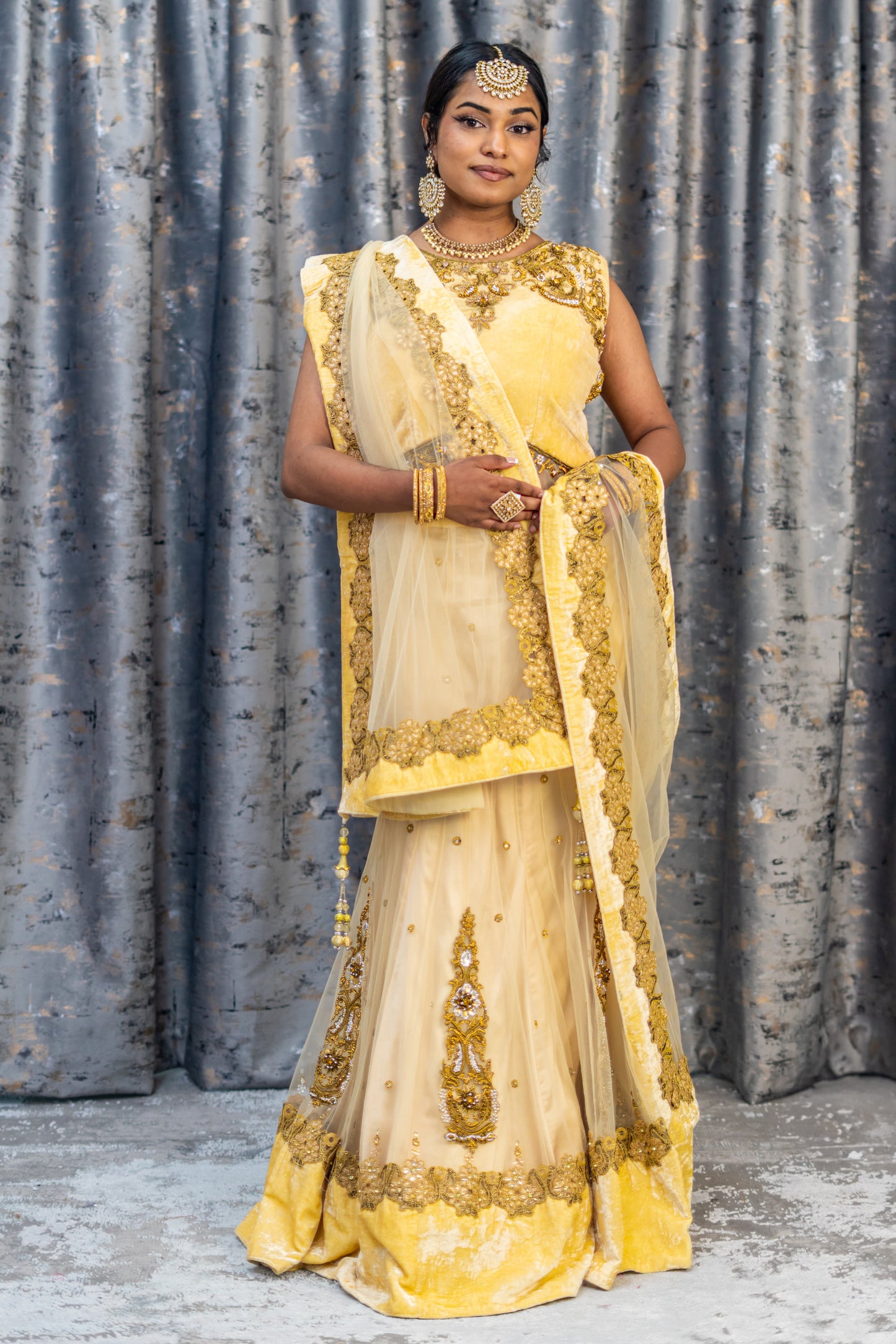 Cream with Gold Net Lehenga Set wit Swarovski Stone Work