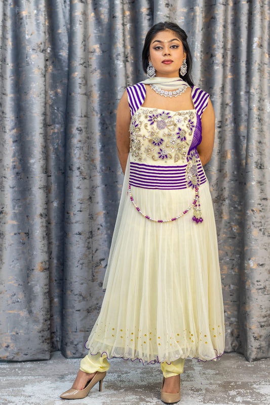 Off White & Purple Punjabi Set with Swarovski Stone Work