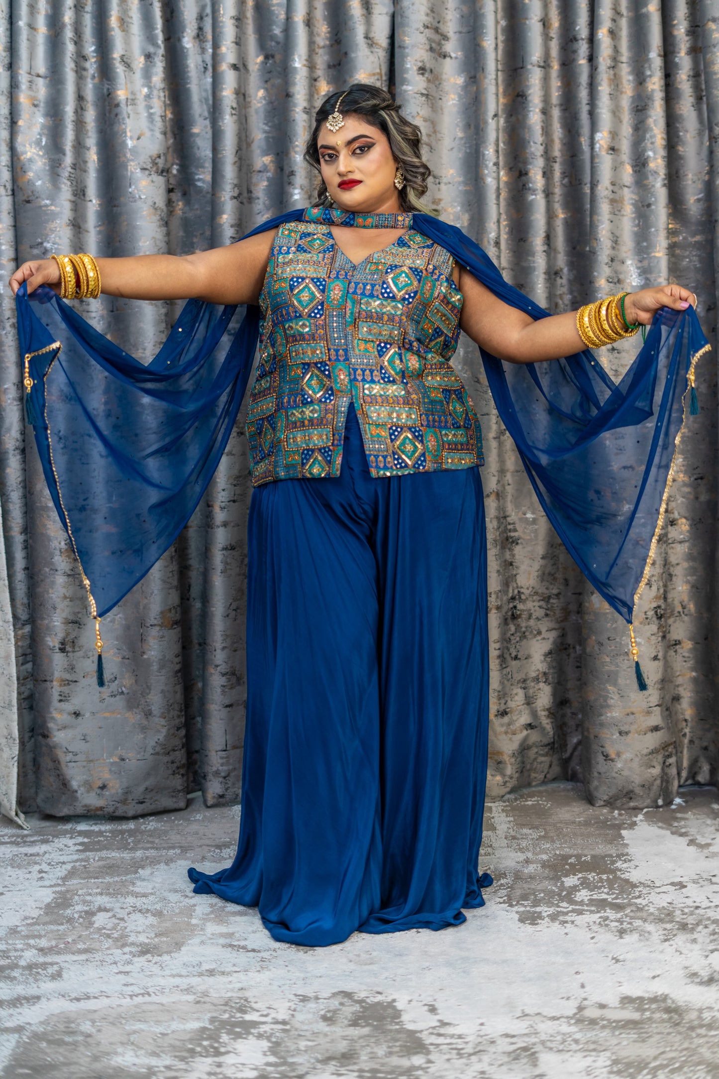 Royal Blue Brocade & Chinon Silk Punjabi Set
