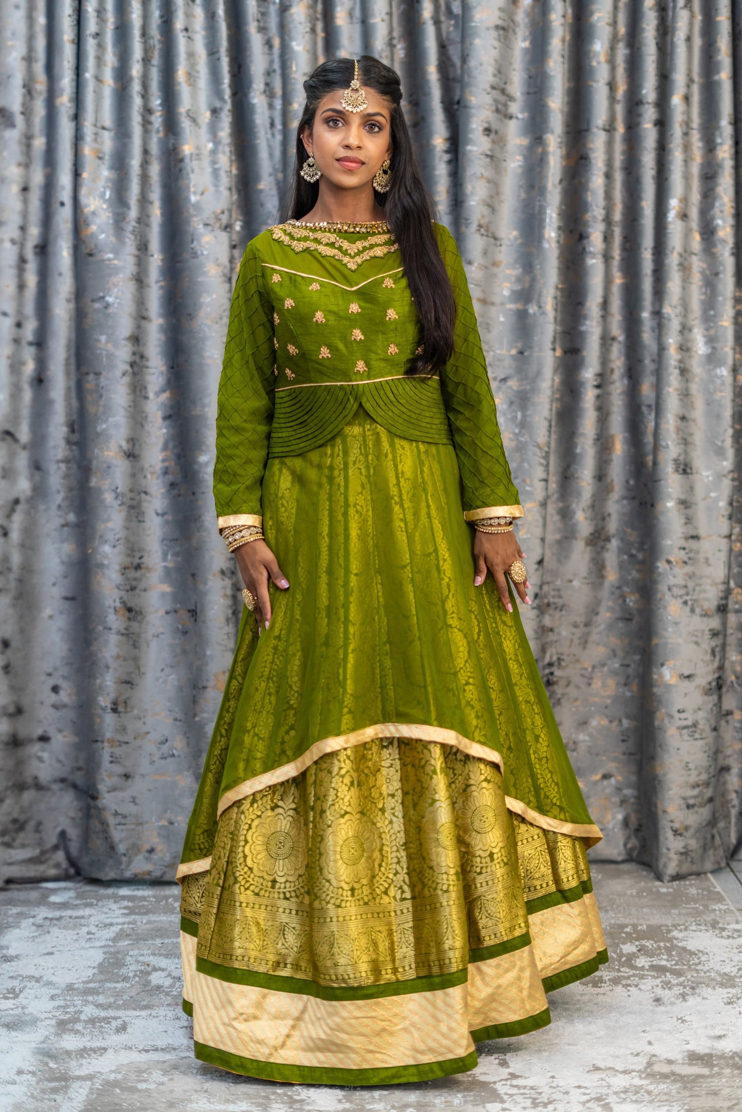 Mehndi Green Brocade Lehenga Set With Swarovski Stone Work