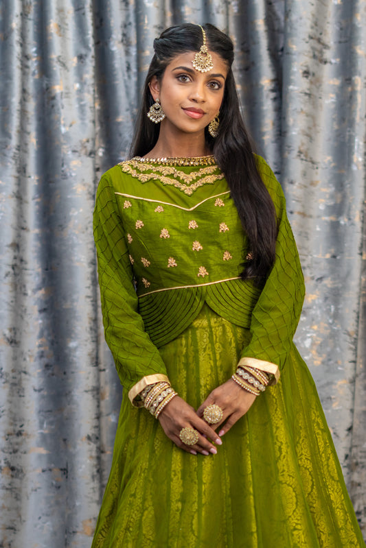 Mehndi Green Brocade Lehenga Set With Swarovski Stone Work