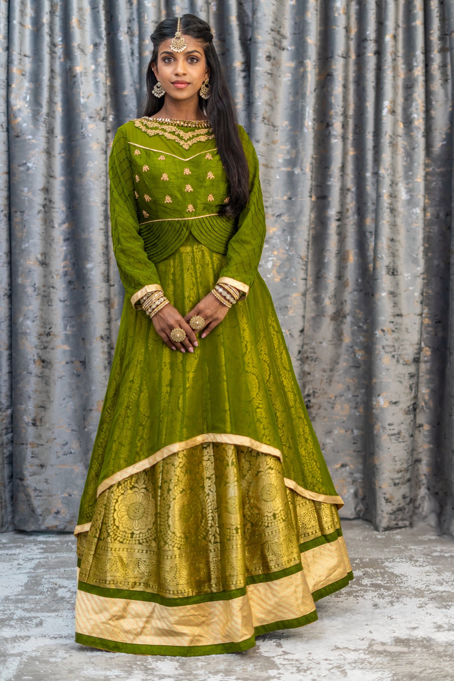 Mehndi Green Brocade Lehenga Set With Swarovski Stone Work
