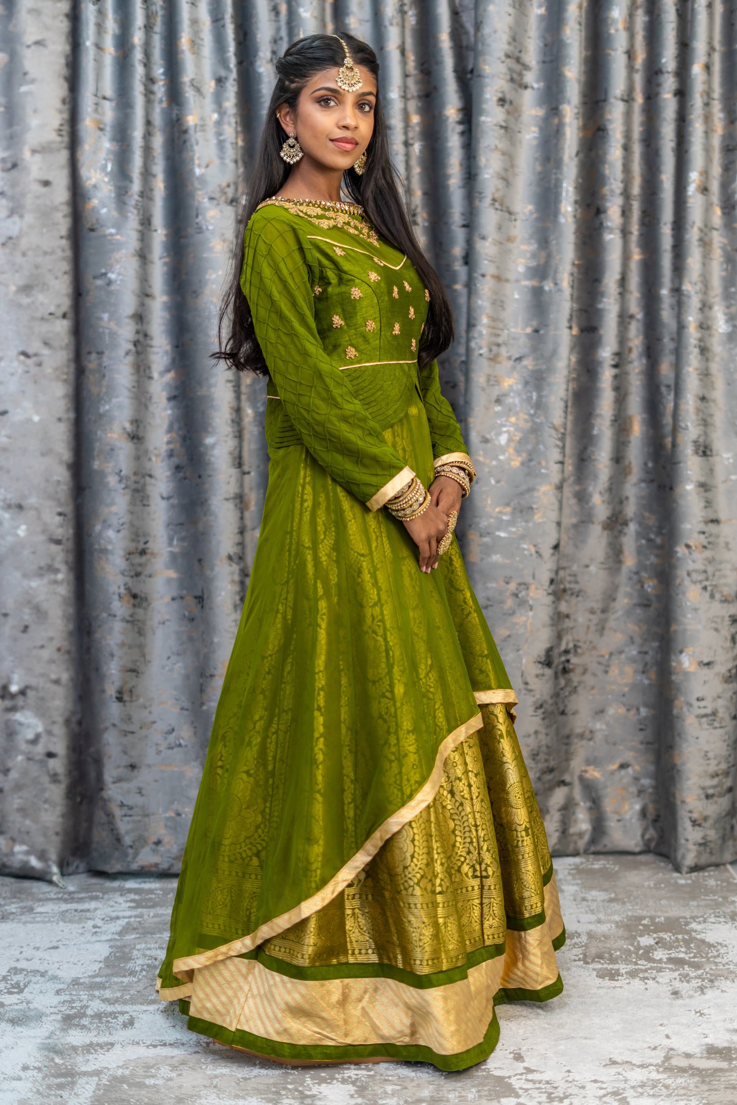 Mehndi Green Brocade Lehenga Set With Swarovski Stone Work