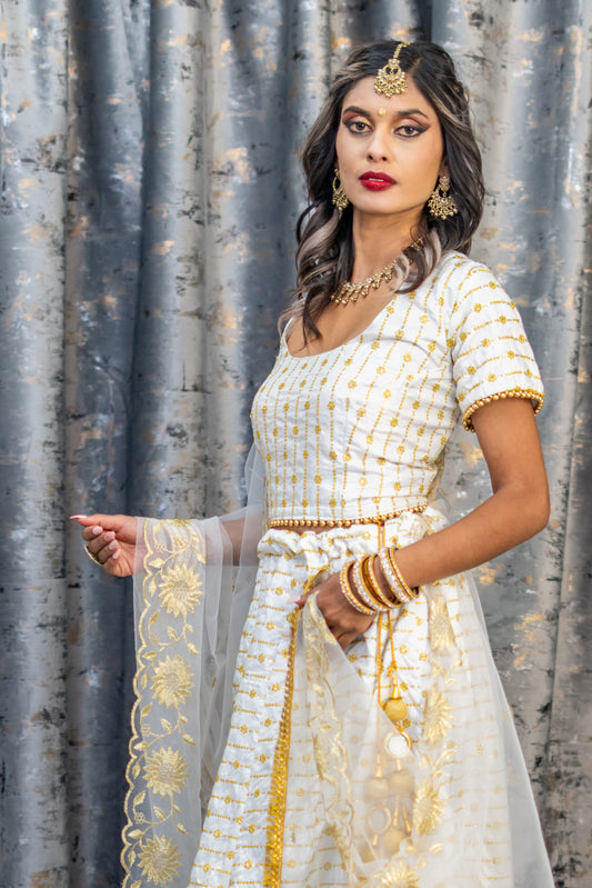 White Cotton Raw Silk Lehenga Set with Embroidery