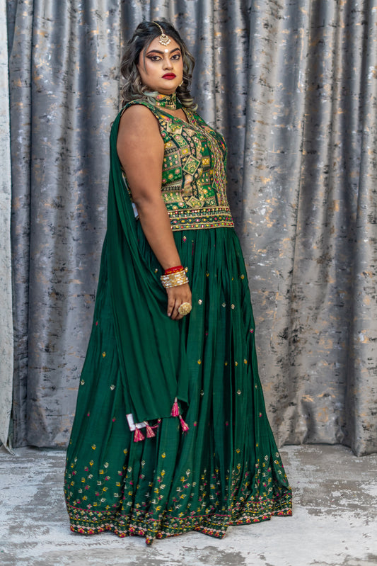 Green Chiffon Lehenga Set with Brocade Long Blouse