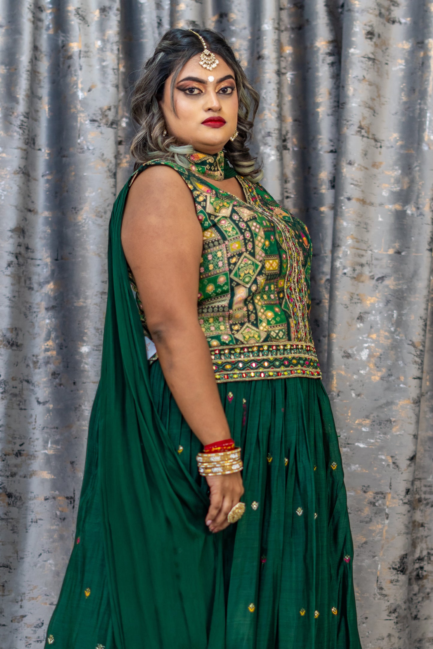 Green Chiffon Lehenga Set with Brocade Long Blouse