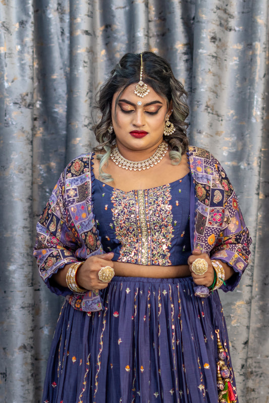 Purple Chiffon Punjabi Set with Brocade Jacket and Embroidery Work