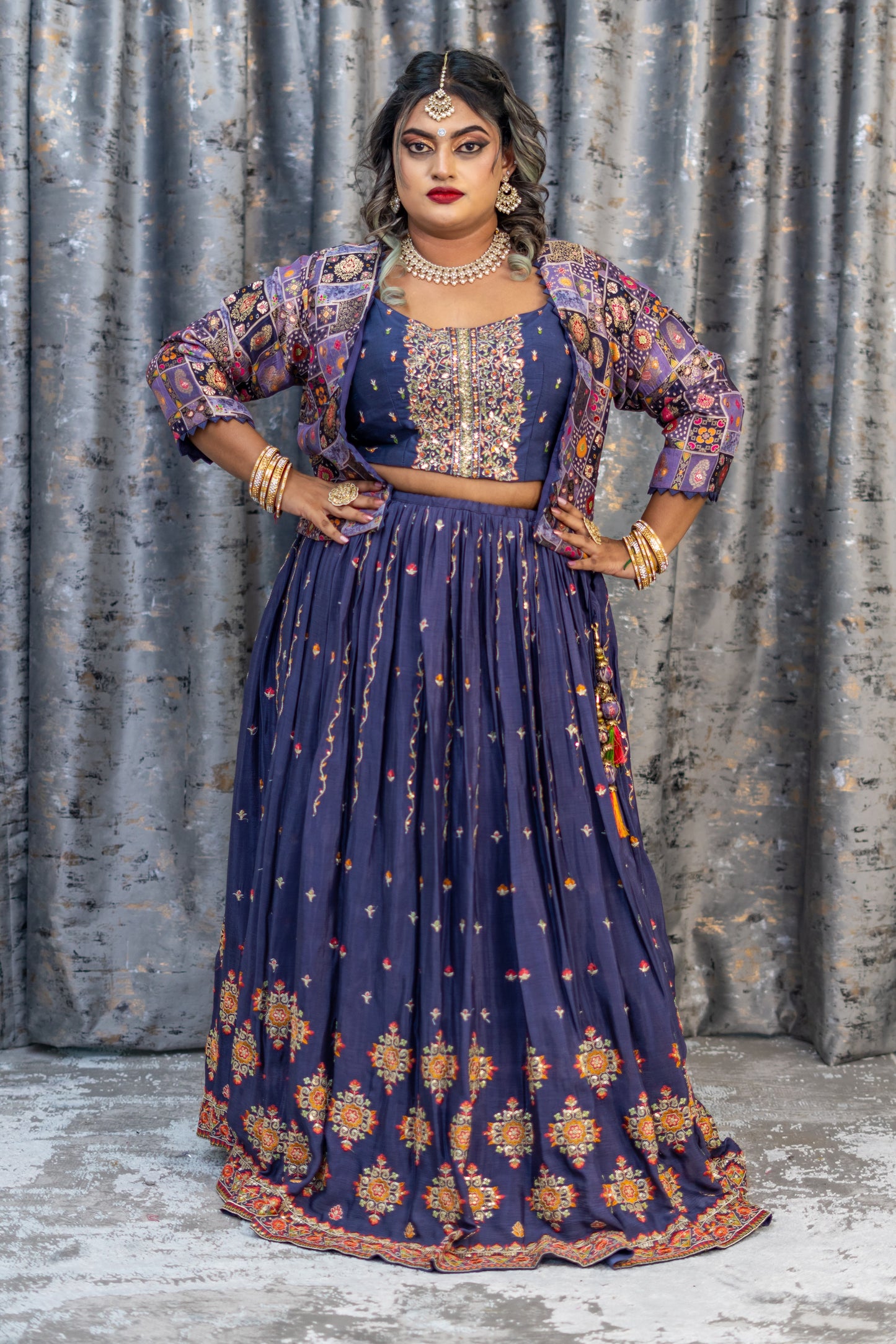 Purple Chiffon Punjabi Set with Brocade Jacket and Embroidery Work
