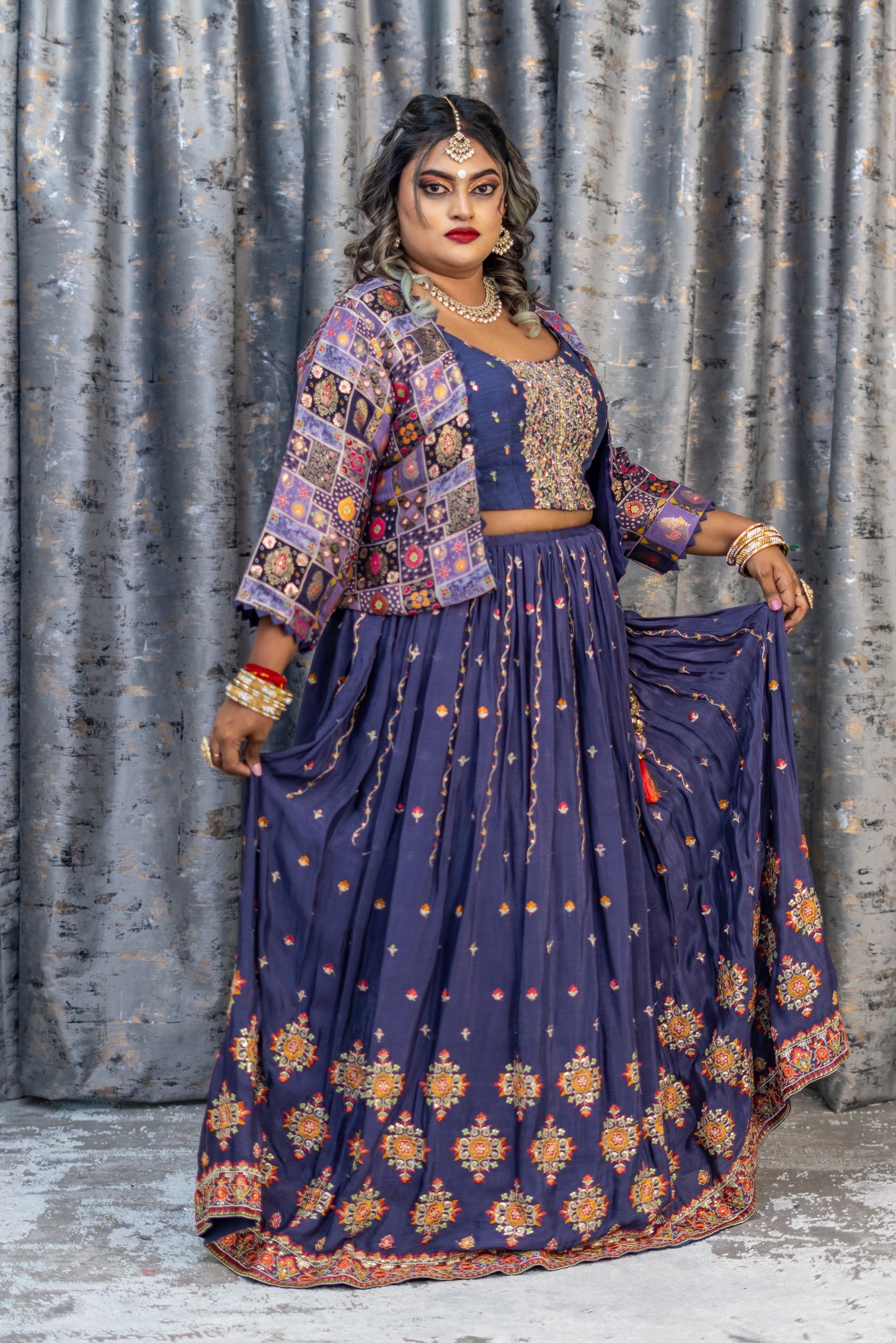 Purple Chiffon Punjabi Set with Brocade Jacket and Embroidery Work