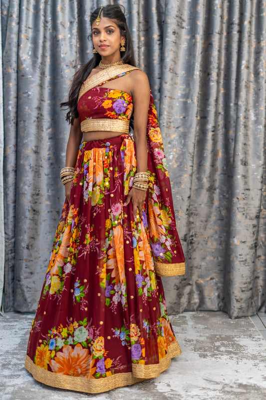 Maroon Floral Organza Unstitched Lehenga Set