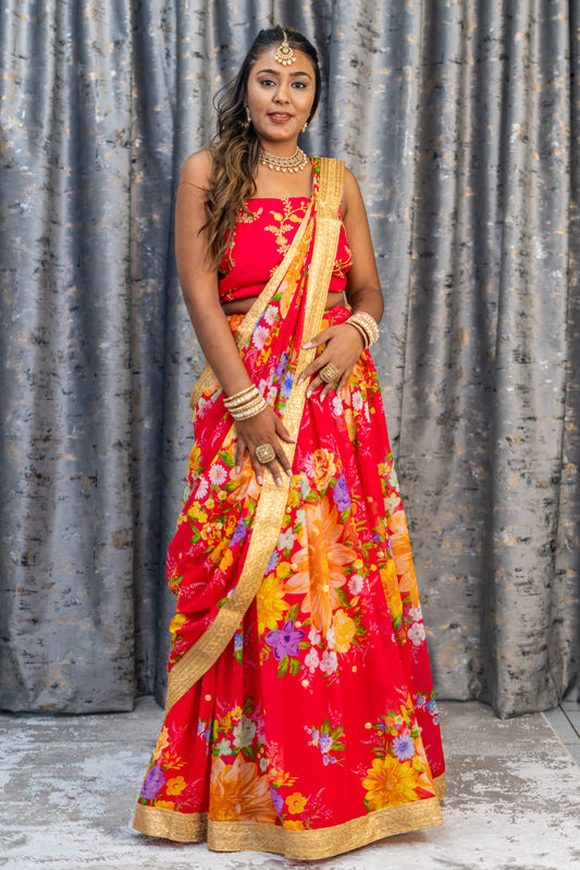 Coral Floral Organza Unstitched Lehenga Set