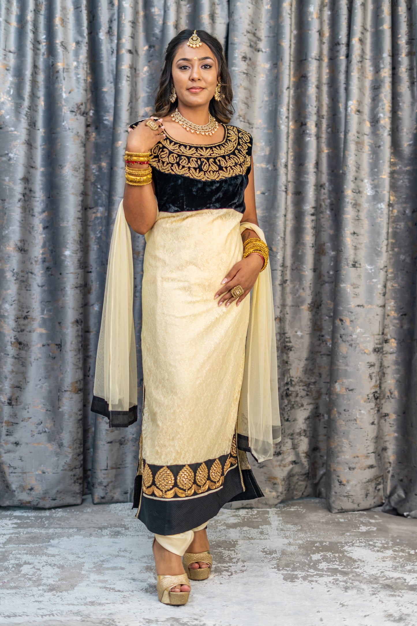 Cream with Velvet Black Net Punjabi Set