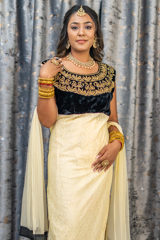 Cream with Velvet Black Net Punjabi Set